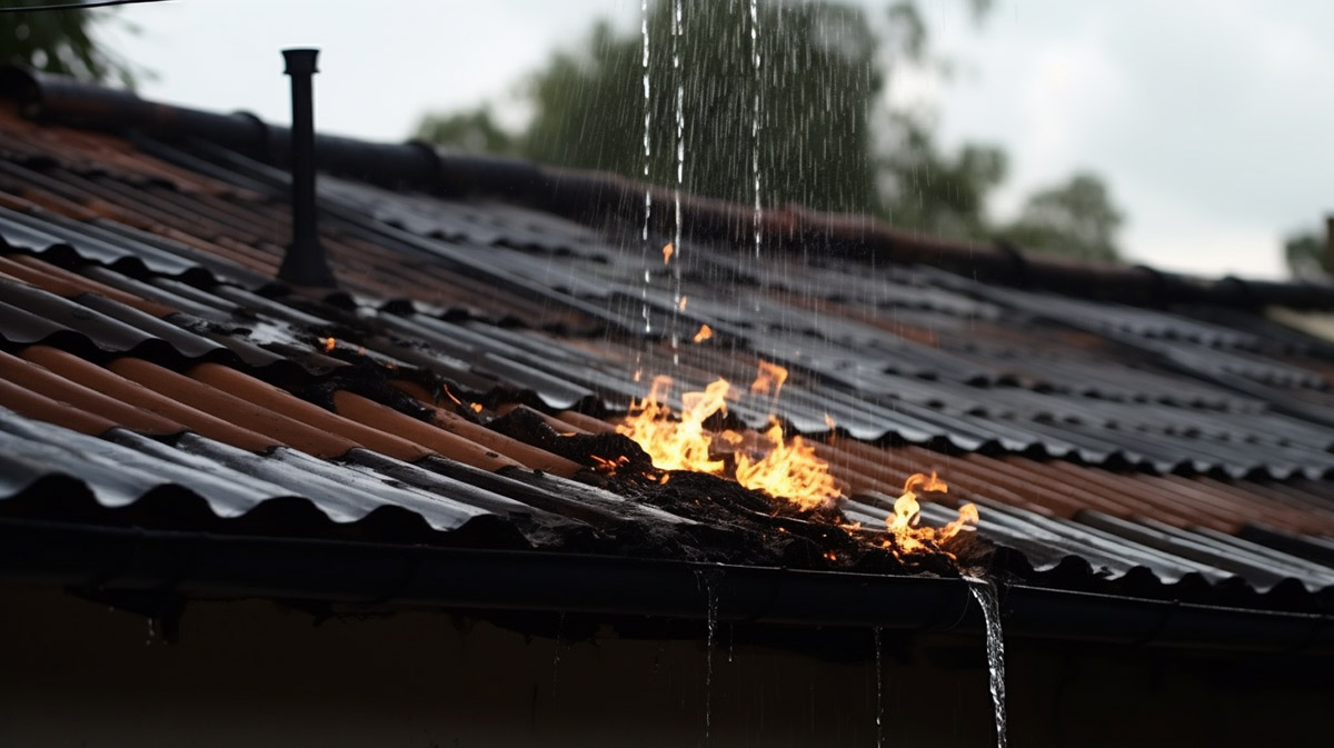 Water leak in a roof causing an electrical fire